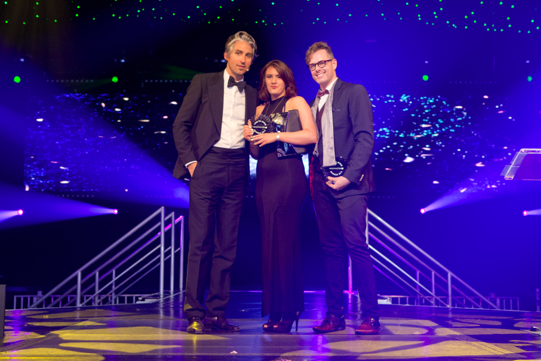 Christine Sanders Future Star Award winner Emma Feeley, George Lamb & Headmasters Artistic Ambassador Ollie Blackaby