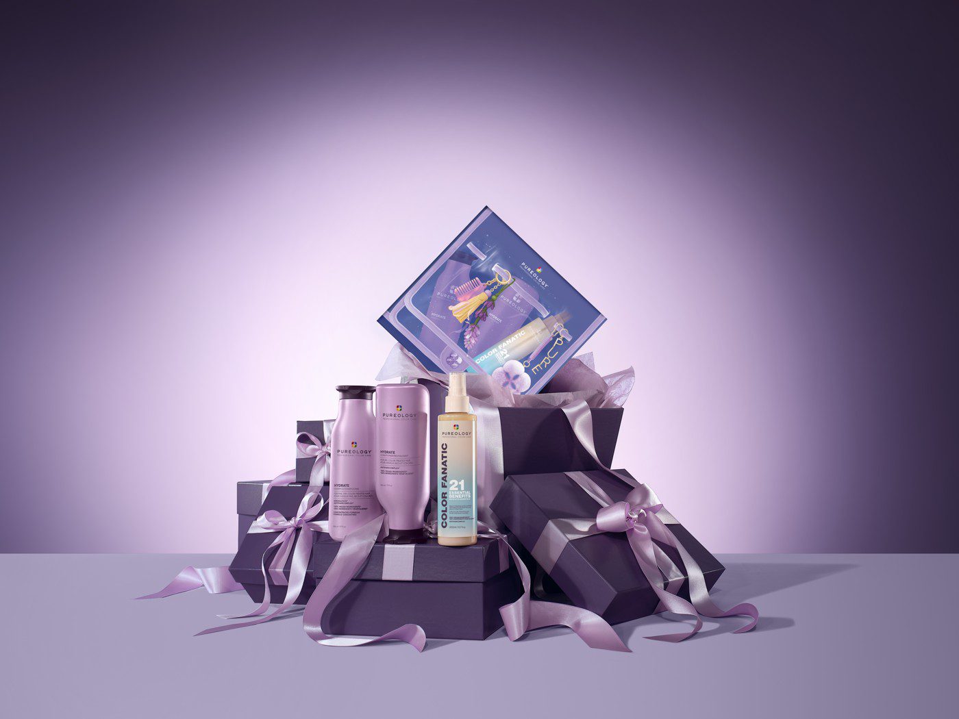 Pureology Hydrate Festive gift set in purple festive packaging